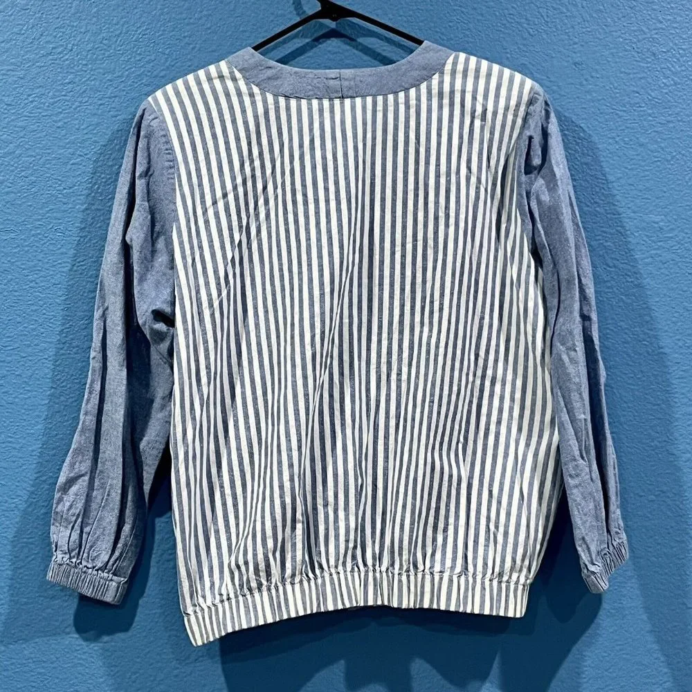 Vintage 80s Blue White Striped Cotton Pearl Button Oversized Jacket Women Medium - Picture 2 of 16